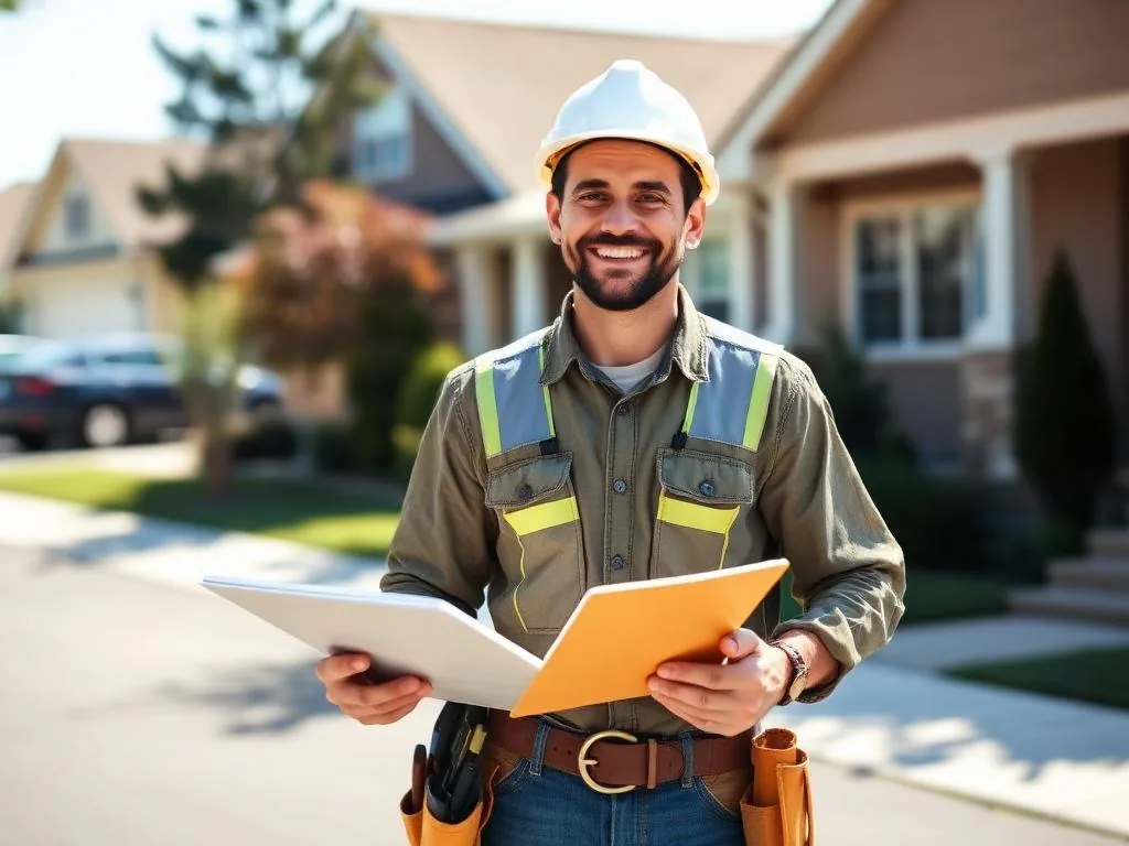 Home improvement contractor with a clipboard on a suburban job site