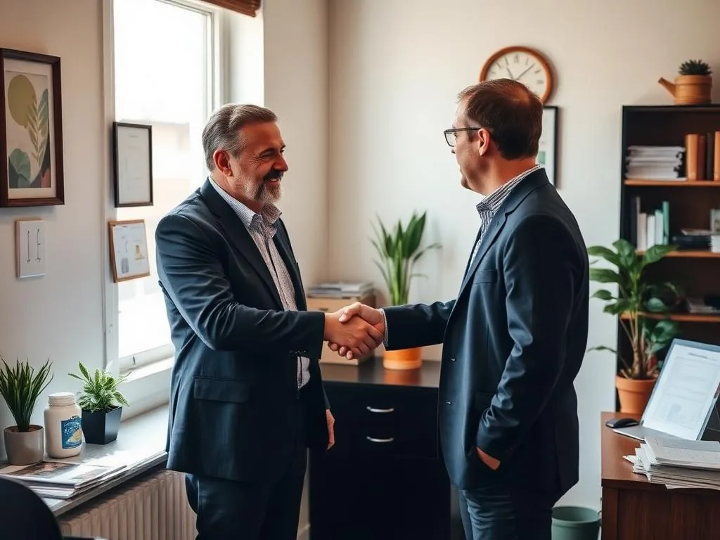 Local professional shaking hands with a client in a small office
