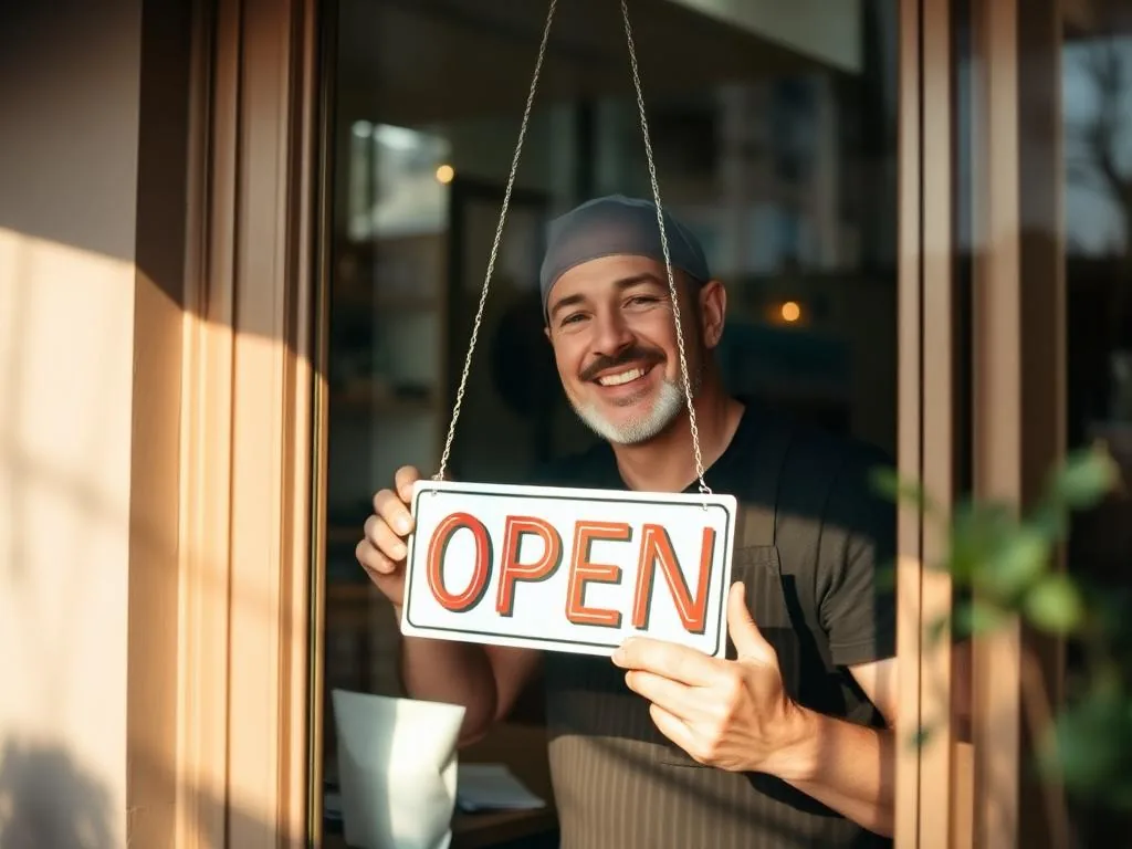 Restaurant owner flipping the open sign in the window of a local cafe