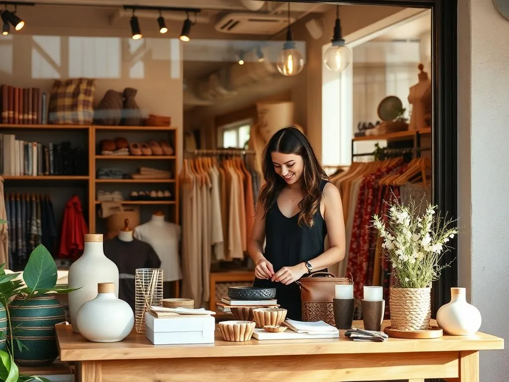 Boutique shop owner arranging a merchandise display